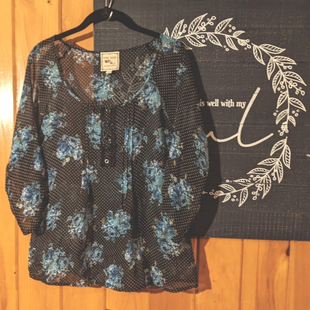 Pink Rose Romantic Blue Floral Rose Tunic Boho Polka Dot Cottage Babydoll Sz. Lg